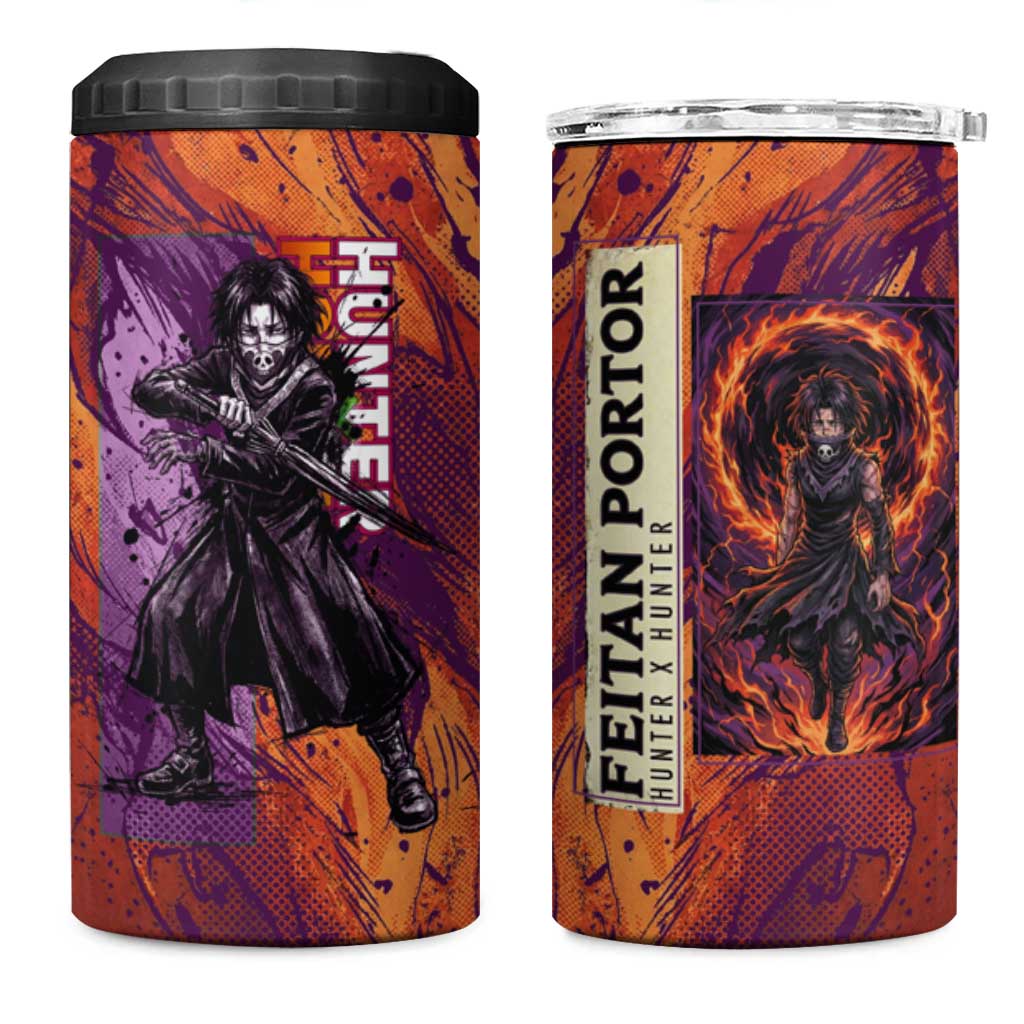 Feitan Portor Flame Aura Design 4 in 1 Can Cooler Tumbler with Sword Stance and Intense Anime Artwork - The Mazicc