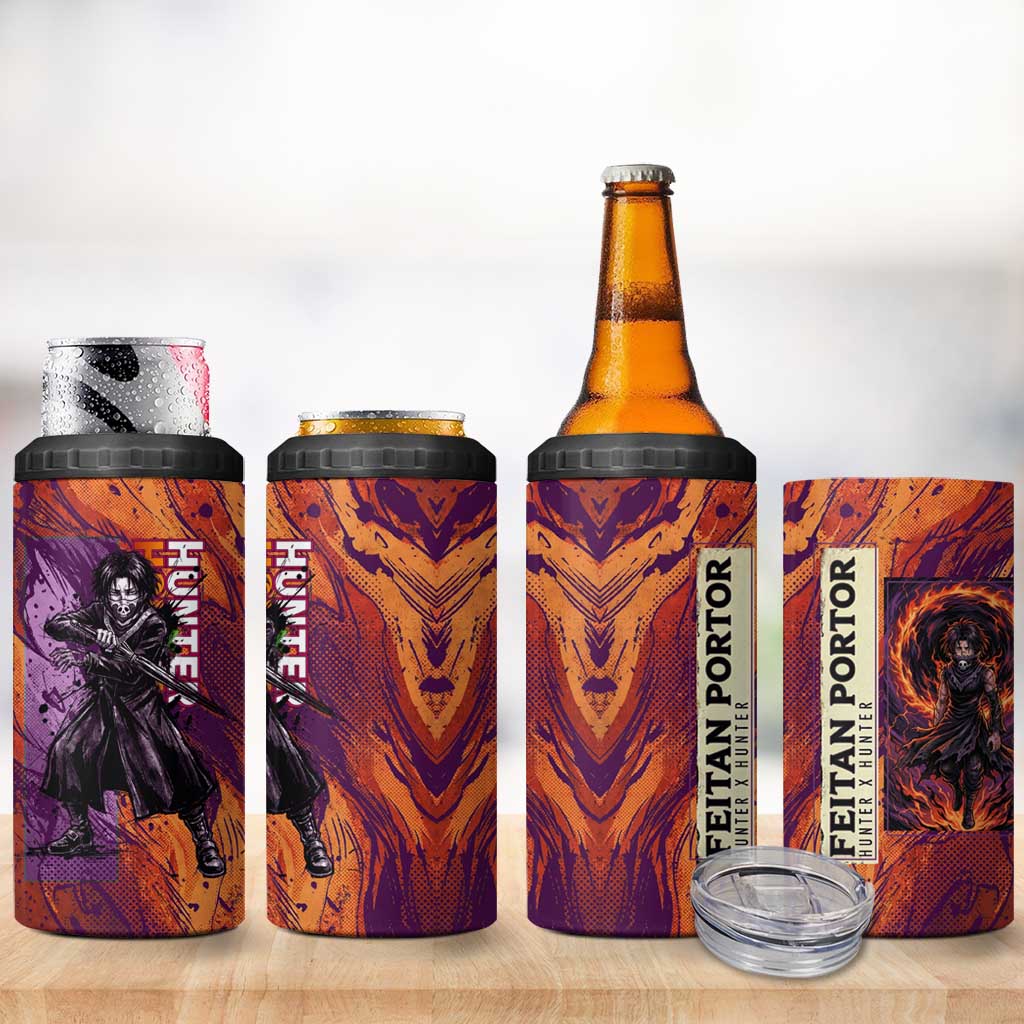 Feitan Portor Flame Aura Design 4 in 1 Can Cooler Tumbler with Sword Stance and Intense Anime Artwork - The Mazicc