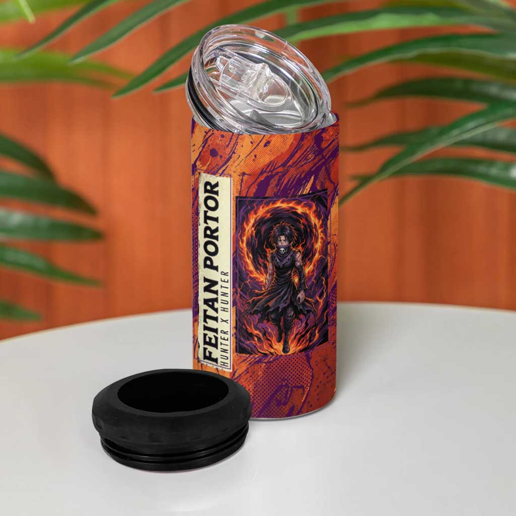 Feitan Portor Flame Aura Design 4 in 1 Can Cooler Tumbler with Sword Stance and Intense Anime Artwork - The Mazicc