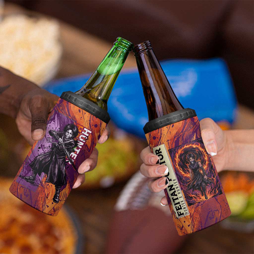 Feitan Portor Flame Aura Design 4 in 1 Can Cooler Tumbler with Sword Stance and Intense Anime Artwork - The Mazicc