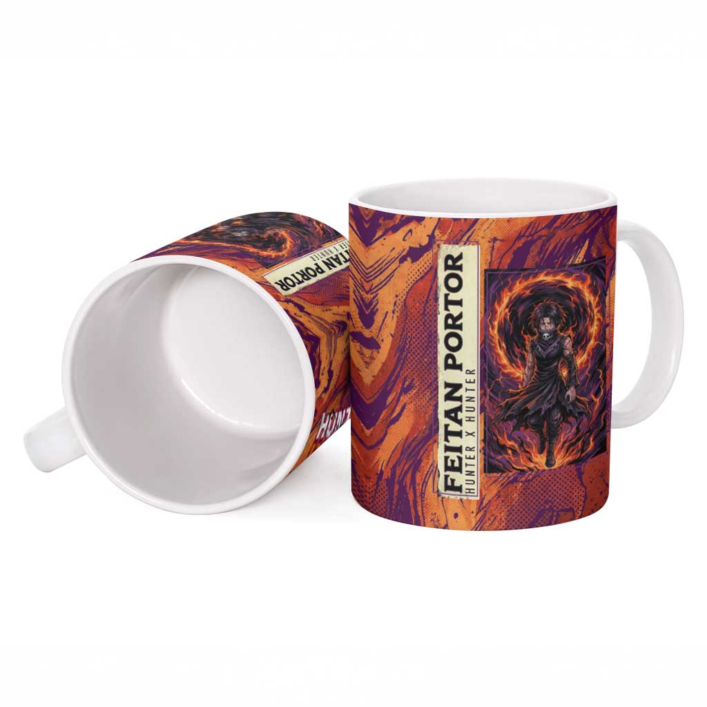 Feitan Portor Flame Aura Design Ceramic Mug with Sword Stance and Intense Anime Artwork - The Mazicc