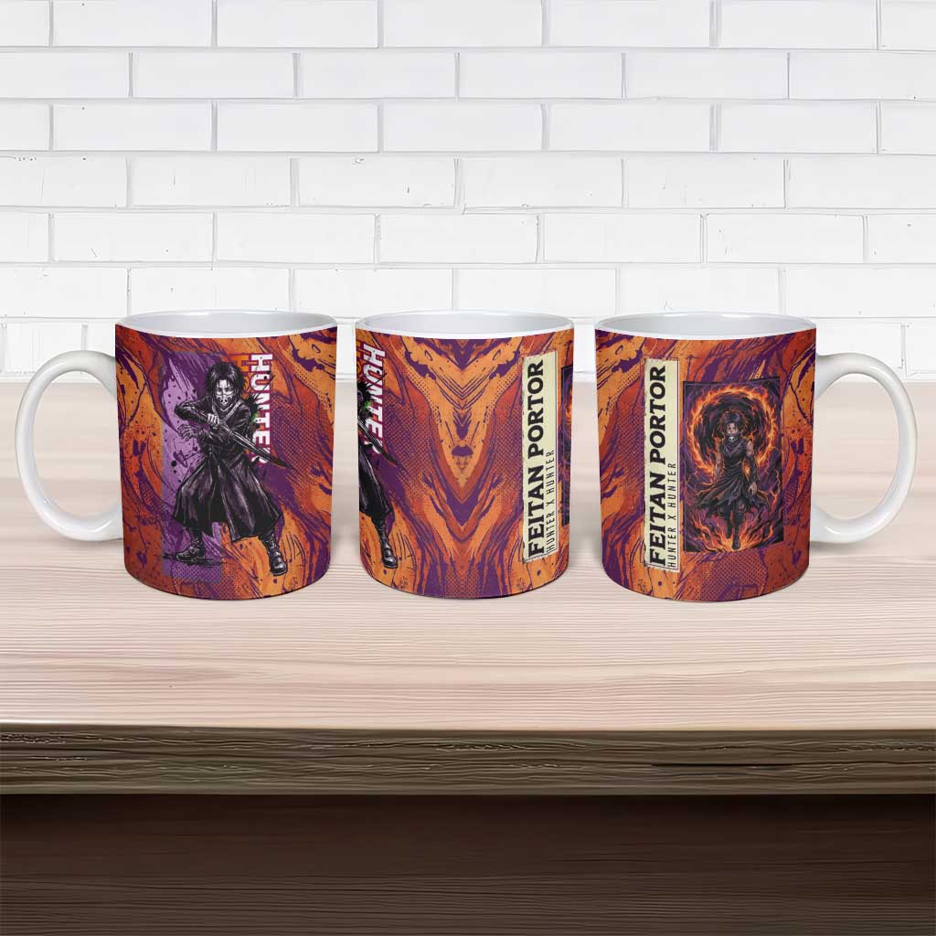 Feitan Portor Flame Aura Design Ceramic Mug with Sword Stance and Intense Anime Artwork - The Mazicc