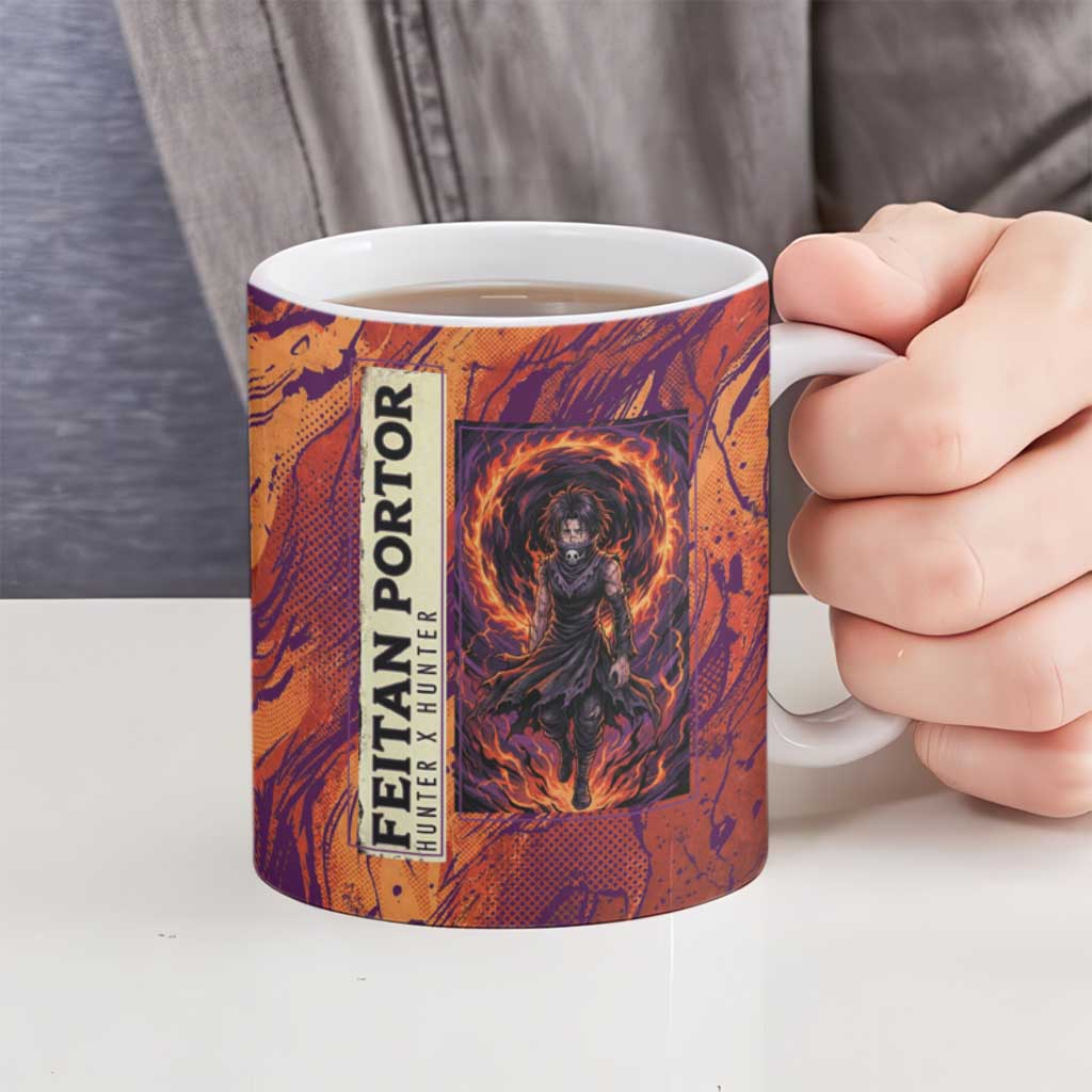 Feitan Portor Flame Aura Design Ceramic Mug with Sword Stance and Intense Anime Artwork - The Mazicc