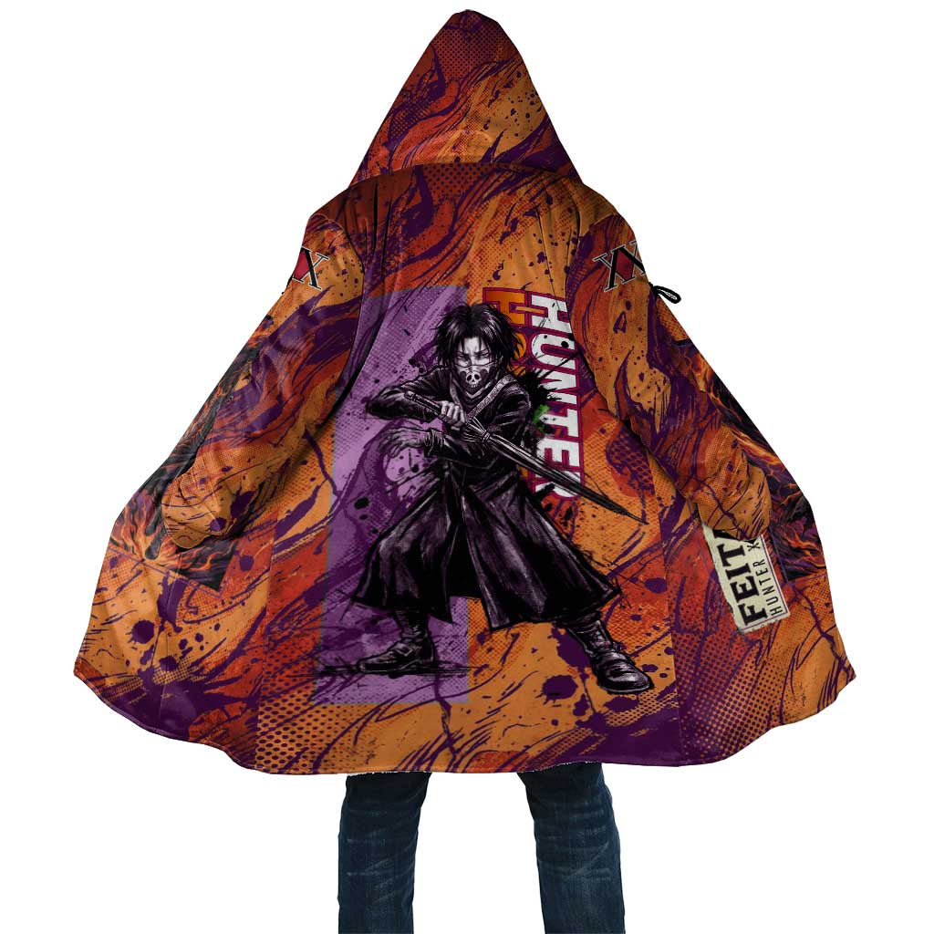 Feitan Portor Flame Aura Design Cloak with Sword Stance and Intense Anime Artwork - The Mazicc