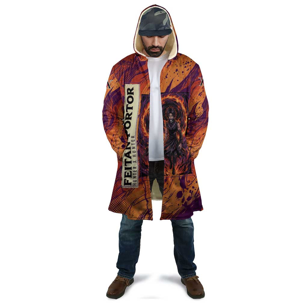 Feitan Portor Flame Aura Design Cloak with Sword Stance and Intense Anime Artwork - The Mazicc