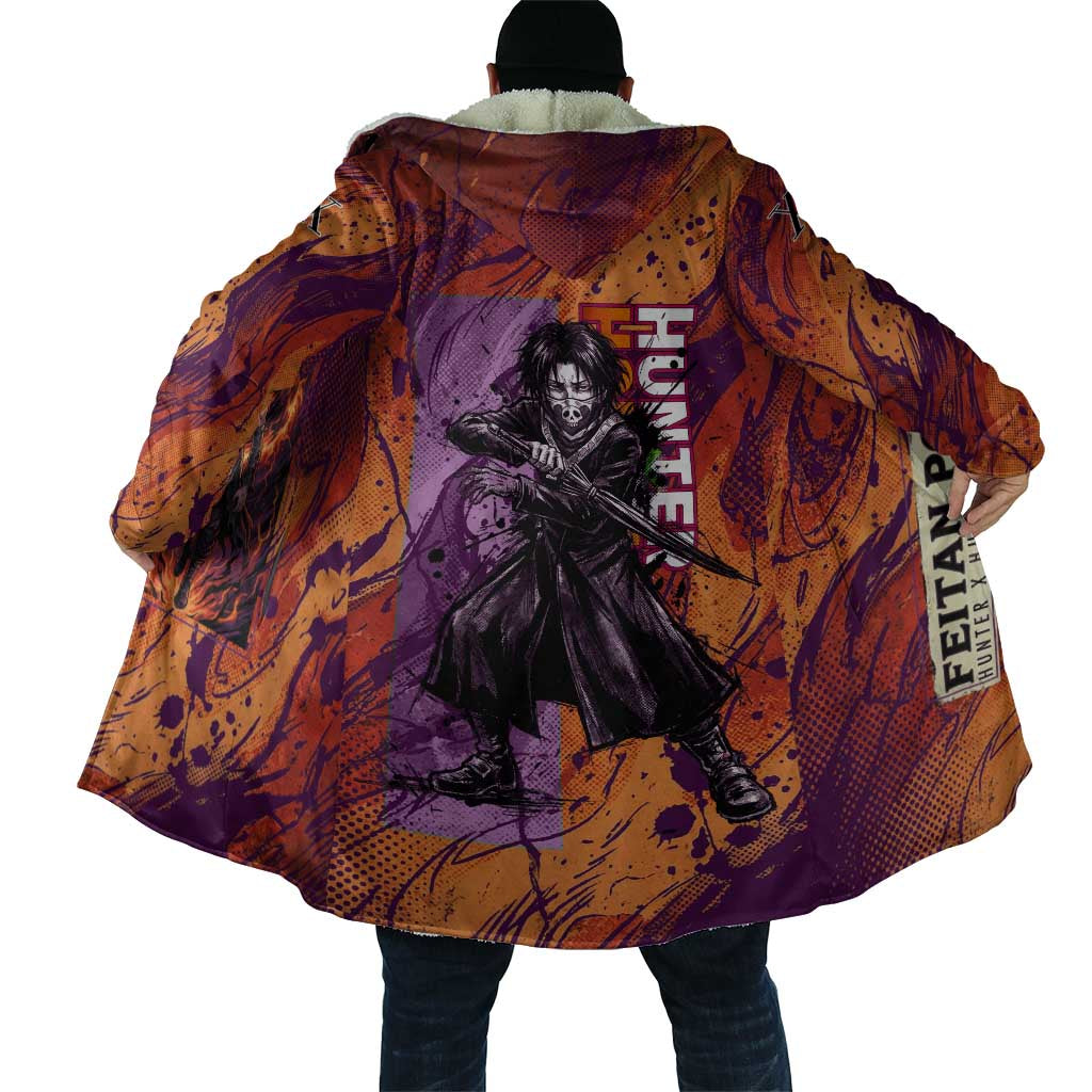Feitan Portor Flame Aura Design Cloak with Sword Stance and Intense Anime Artwork - The Mazicc