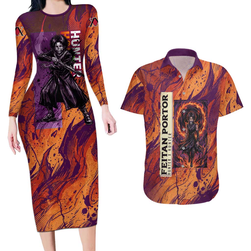 Feitan Portor Flame Aura Design Couples Matching Long Sleeve Bodycon Dress and Hawaiian Shirt with Sword Stance and Intense Anime Artwork - The Mazicc