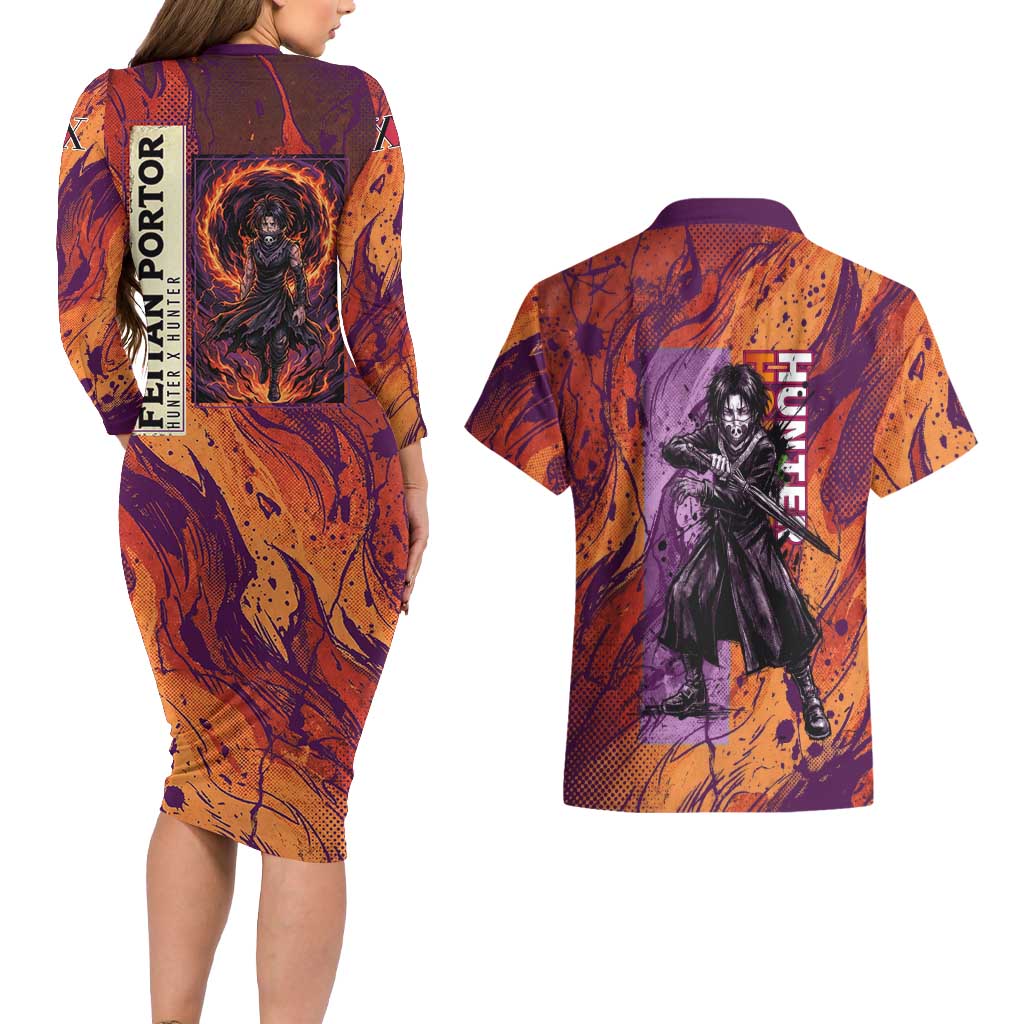 Feitan Portor Flame Aura Design Couples Matching Long Sleeve Bodycon Dress and Hawaiian Shirt with Sword Stance and Intense Anime Artwork - The Mazicc