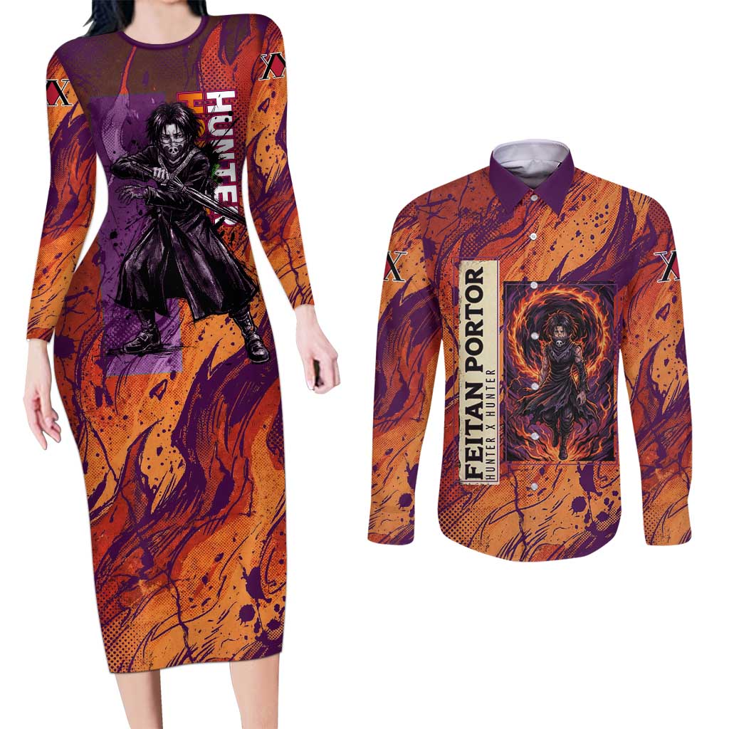 Feitan Portor Flame Aura Design Couples Matching Long Sleeve Bodycon Dress and Long Sleeve Button Shirt with Sword Stance and Intense Anime Artwork - The Mazicc
