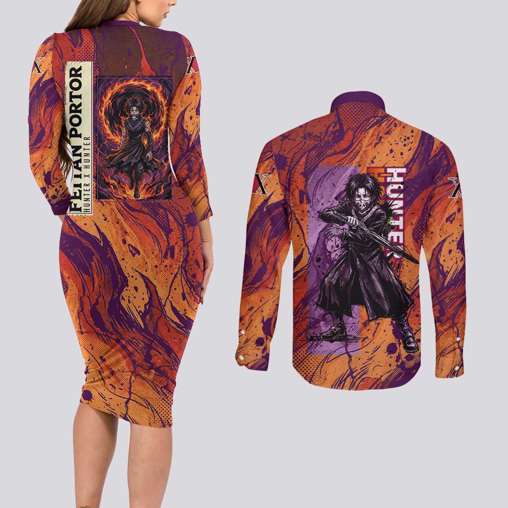 Feitan Portor Flame Aura Design Couples Matching Long Sleeve Bodycon Dress and Long Sleeve Button Shirt with Sword Stance and Intense Anime Artwork - The Mazicc