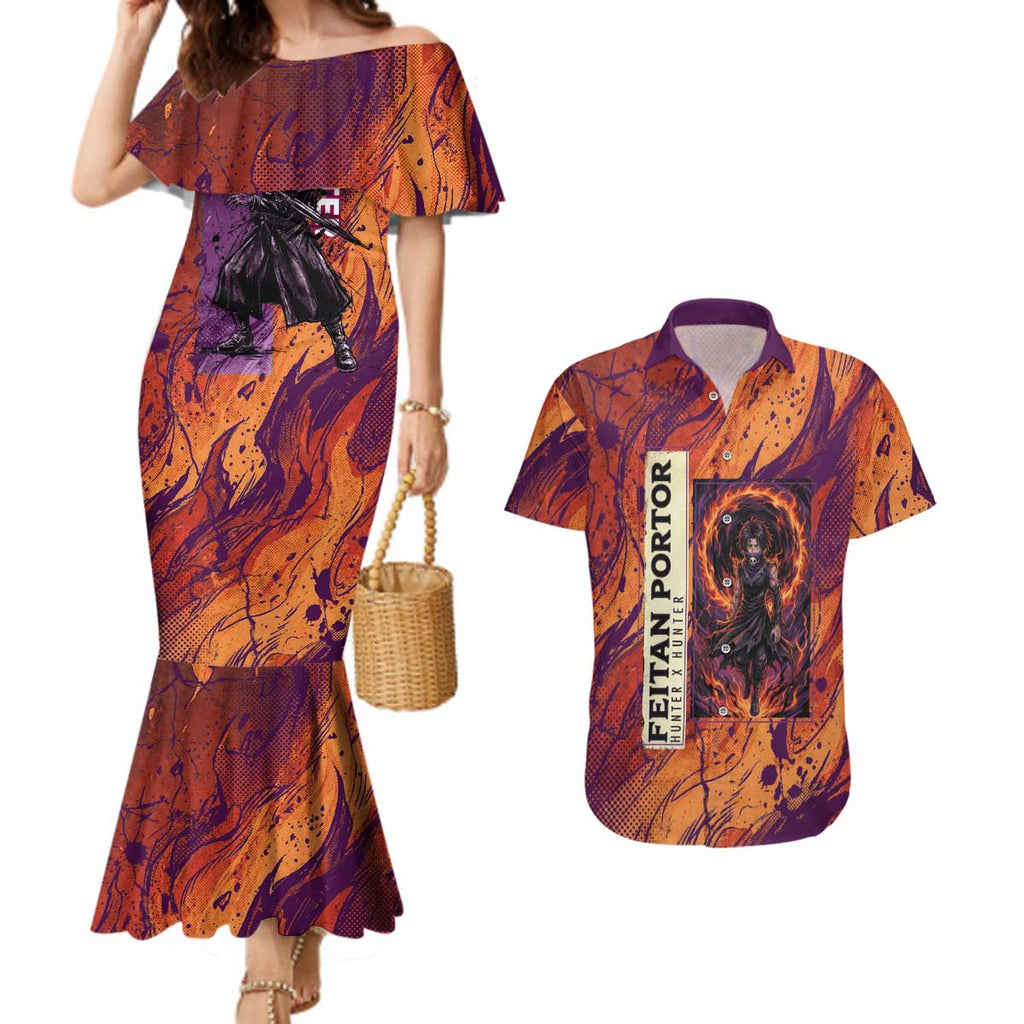 Feitan Portor Flame Aura Design Couples Matching Mermaid Dress and Hawaiian Shirt with Sword Stance and Intense Anime Artwork - The Mazicc