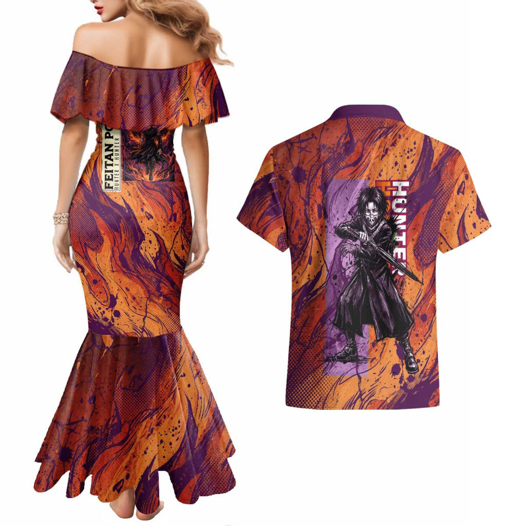 Feitan Portor Flame Aura Design Couples Matching Mermaid Dress and Hawaiian Shirt with Sword Stance and Intense Anime Artwork - The Mazicc