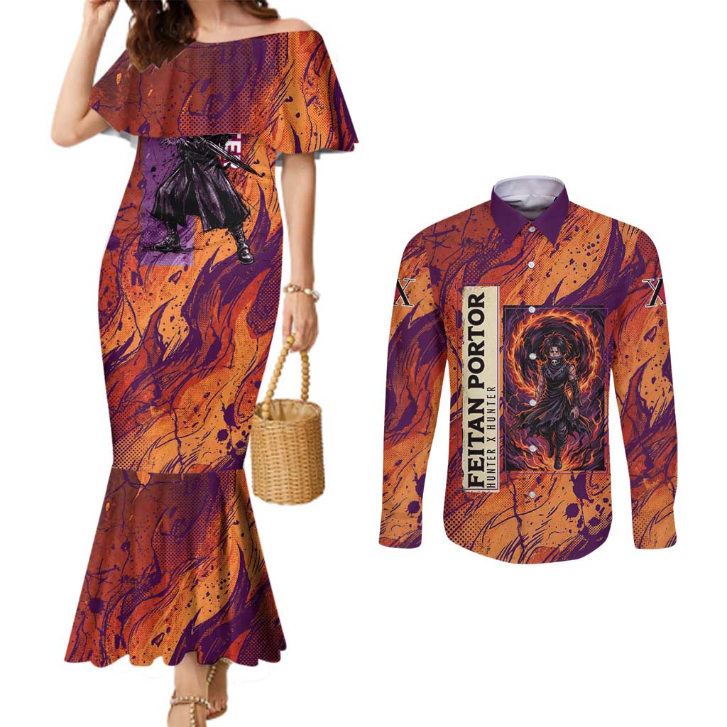 Feitan Portor Flame Aura Design Couples Matching Mermaid Dress and Long Sleeve Button Shirt with Sword Stance and Intense Anime Artwork - The Mazicc