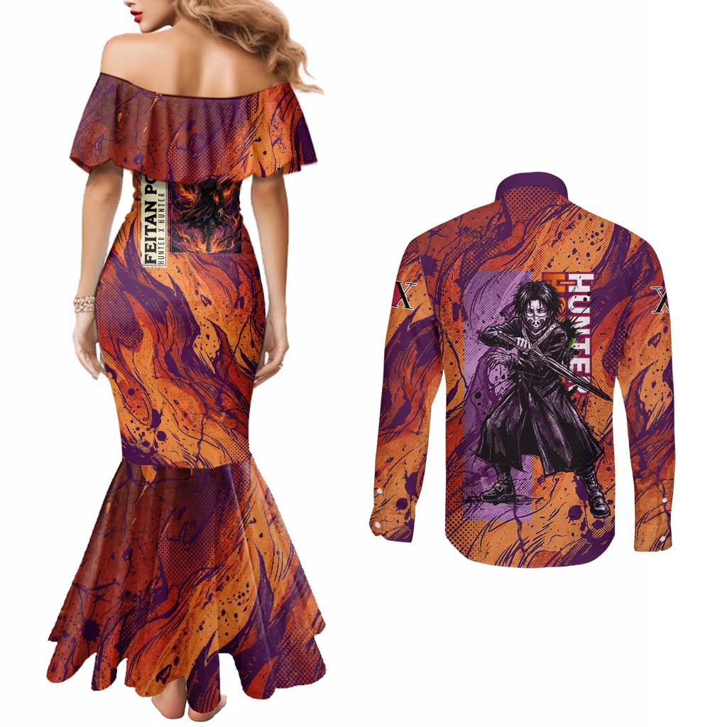Feitan Portor Flame Aura Design Couples Matching Mermaid Dress and Long Sleeve Button Shirt with Sword Stance and Intense Anime Artwork - The Mazicc