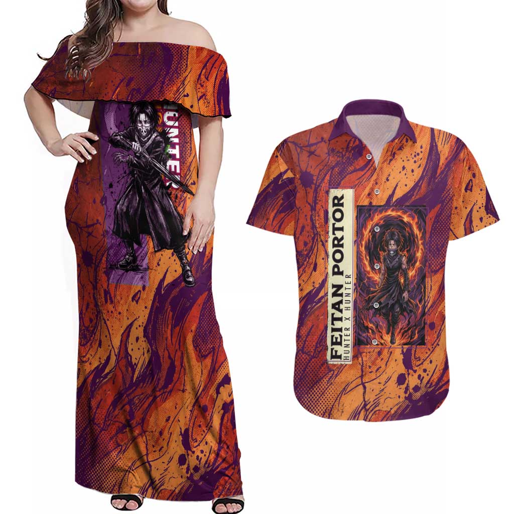 Feitan Portor Flame Aura Design Couples Matching Off Shoulder Maxi Dress and Hawaiian Shirt with Sword Stance and Intense Anime Artwork - The Mazicc