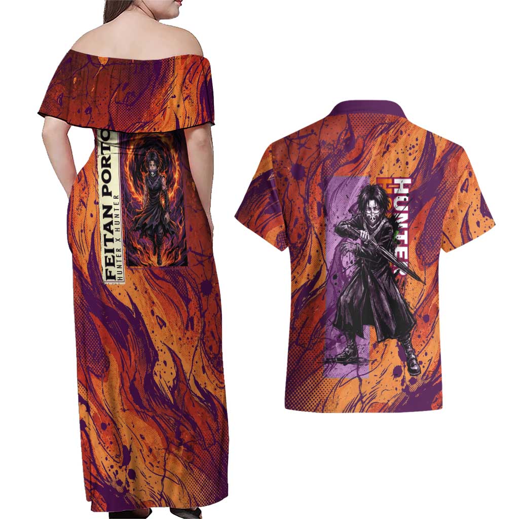 Feitan Portor Flame Aura Design Couples Matching Off Shoulder Maxi Dress and Hawaiian Shirt with Sword Stance and Intense Anime Artwork - The Mazicc