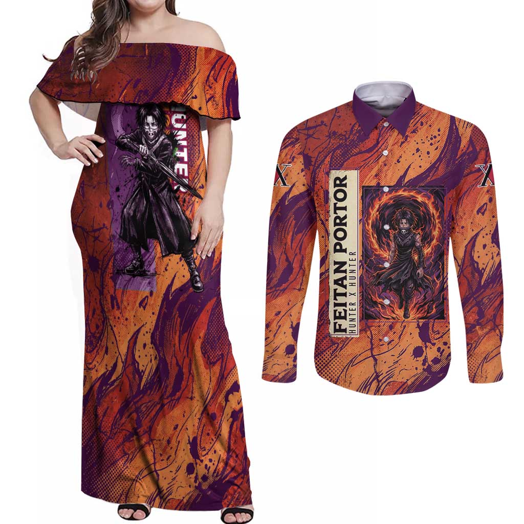 Feitan Portor Flame Aura Design Couples Matching Off Shoulder Maxi Dress and Long Sleeve Button Shirt with Sword Stance and Intense Anime Artwork - The Mazicc