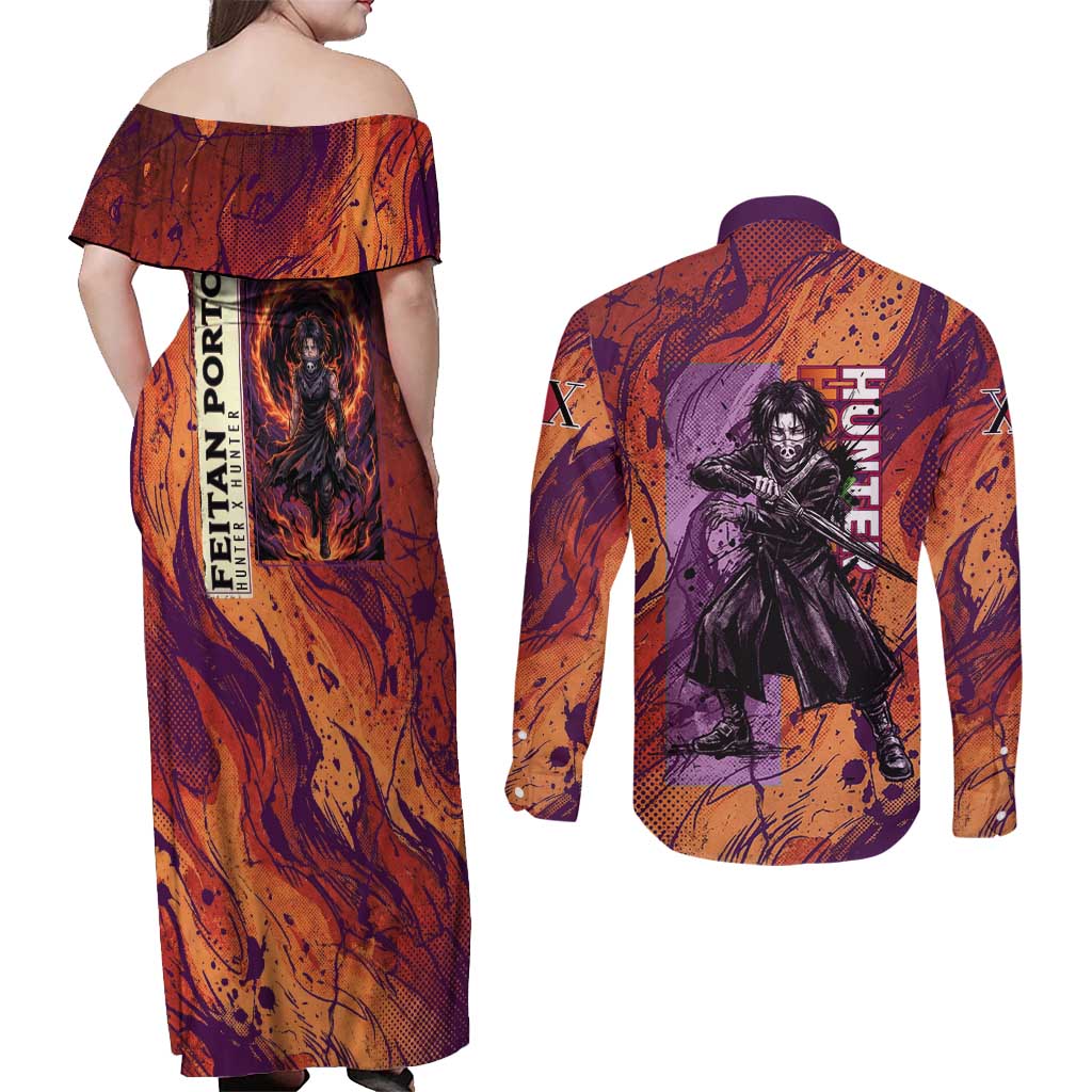 Feitan Portor Flame Aura Design Couples Matching Off Shoulder Maxi Dress and Long Sleeve Button Shirt with Sword Stance and Intense Anime Artwork - The Mazicc