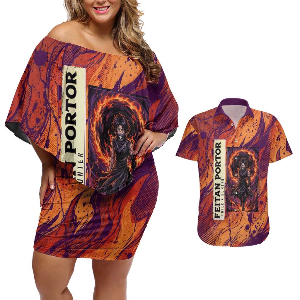 Feitan Portor Flame Aura Design Couples Matching Off Shoulder Short Dress and Hawaiian Shirt with Sword Stance and Intense Anime Artwork - The Mazicc