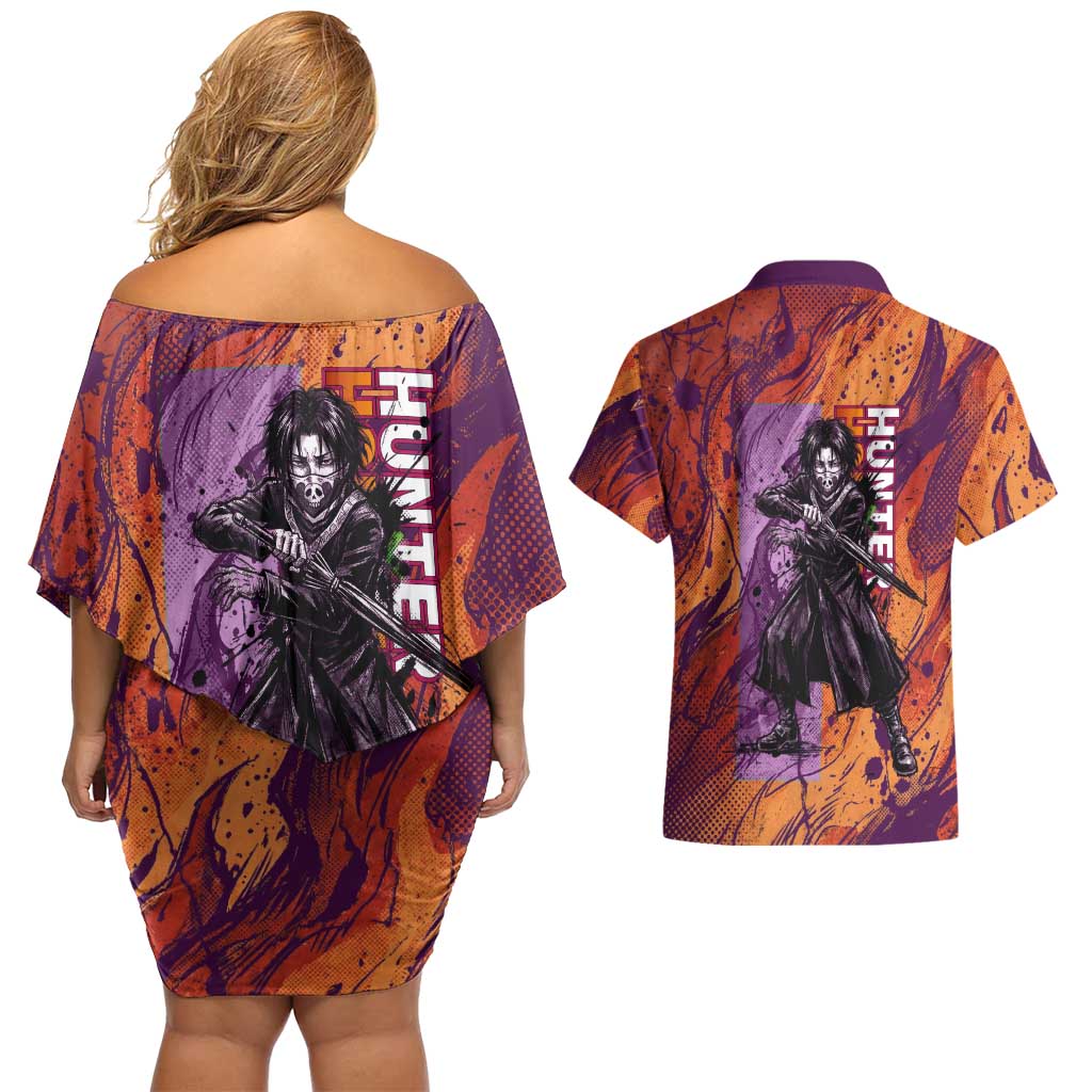 Feitan Portor Flame Aura Design Couples Matching Off Shoulder Short Dress and Hawaiian Shirt with Sword Stance and Intense Anime Artwork - The Mazicc