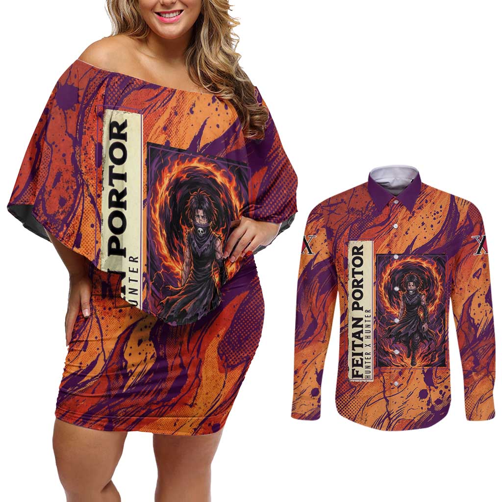 Feitan Portor Flame Aura Design Couples Matching Off Shoulder Short Dress and Long Sleeve Button Shirt with Sword Stance and Intense Anime Artwork - The Mazicc
