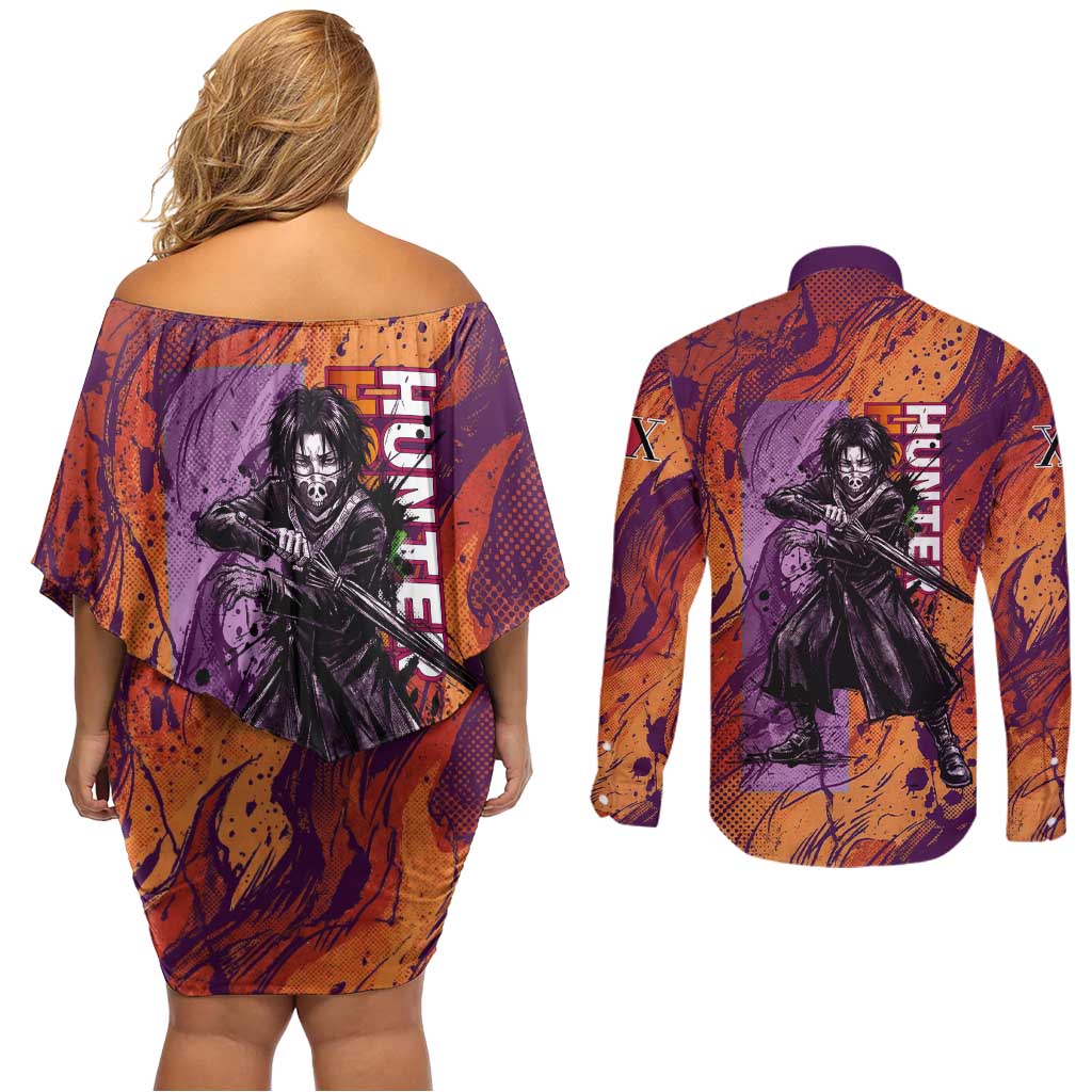 Feitan Portor Flame Aura Design Couples Matching Off Shoulder Short Dress and Long Sleeve Button Shirt with Sword Stance and Intense Anime Artwork - The Mazicc