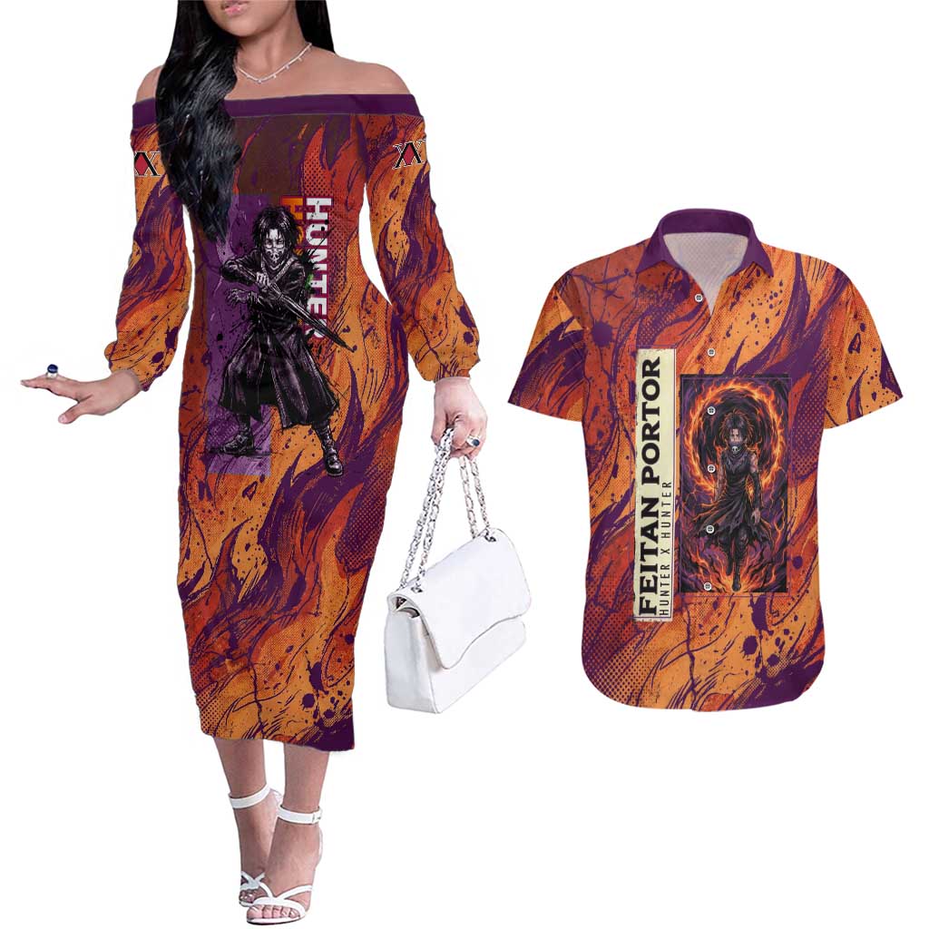 Feitan Portor Flame Aura Design Couples Matching Off The Shoulder Long Sleeve Dress and Hawaiian Shirt with Sword Stance and Intense Anime Artwork - The Mazicc