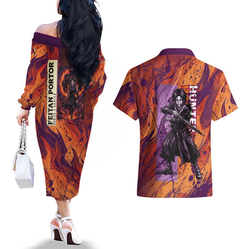 Feitan Portor Flame Aura Design Couples Matching Off The Shoulder Long Sleeve Dress and Hawaiian Shirt with Sword Stance and Intense Anime Artwork - The Mazicc
