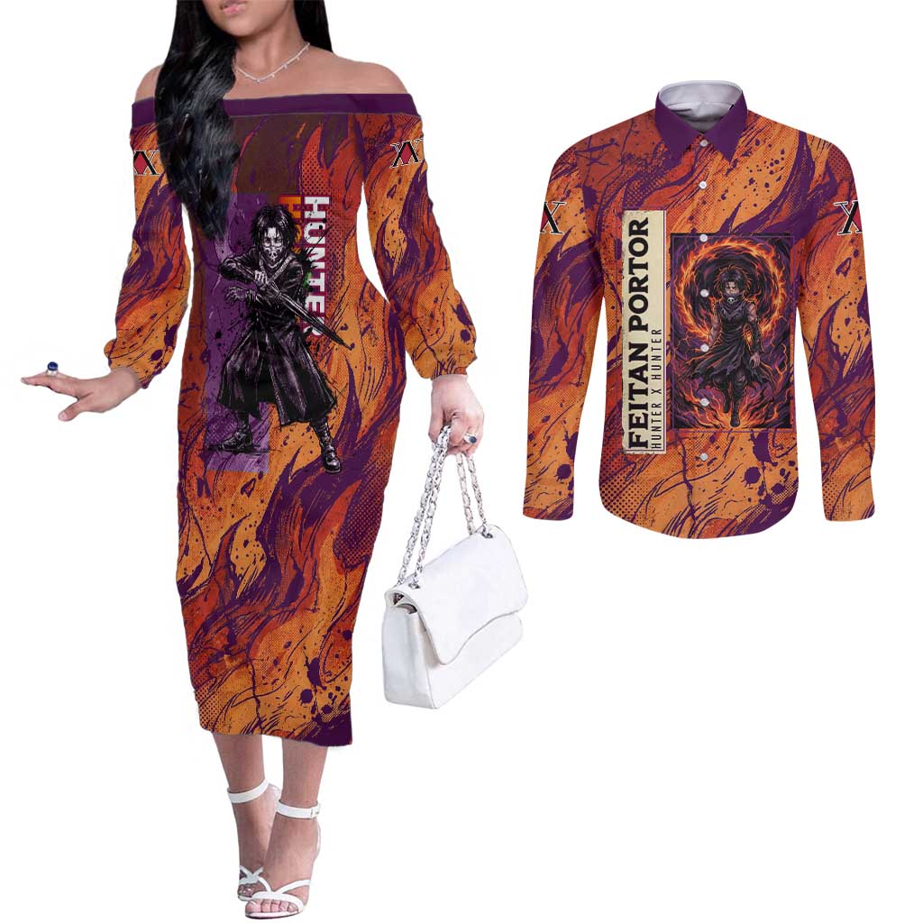 Feitan Portor Flame Aura Design Couples Matching Off The Shoulder Long Sleeve Dress and Long Sleeve Button Shirt with Sword Stance and Intense Anime Artwork - The Mazicc