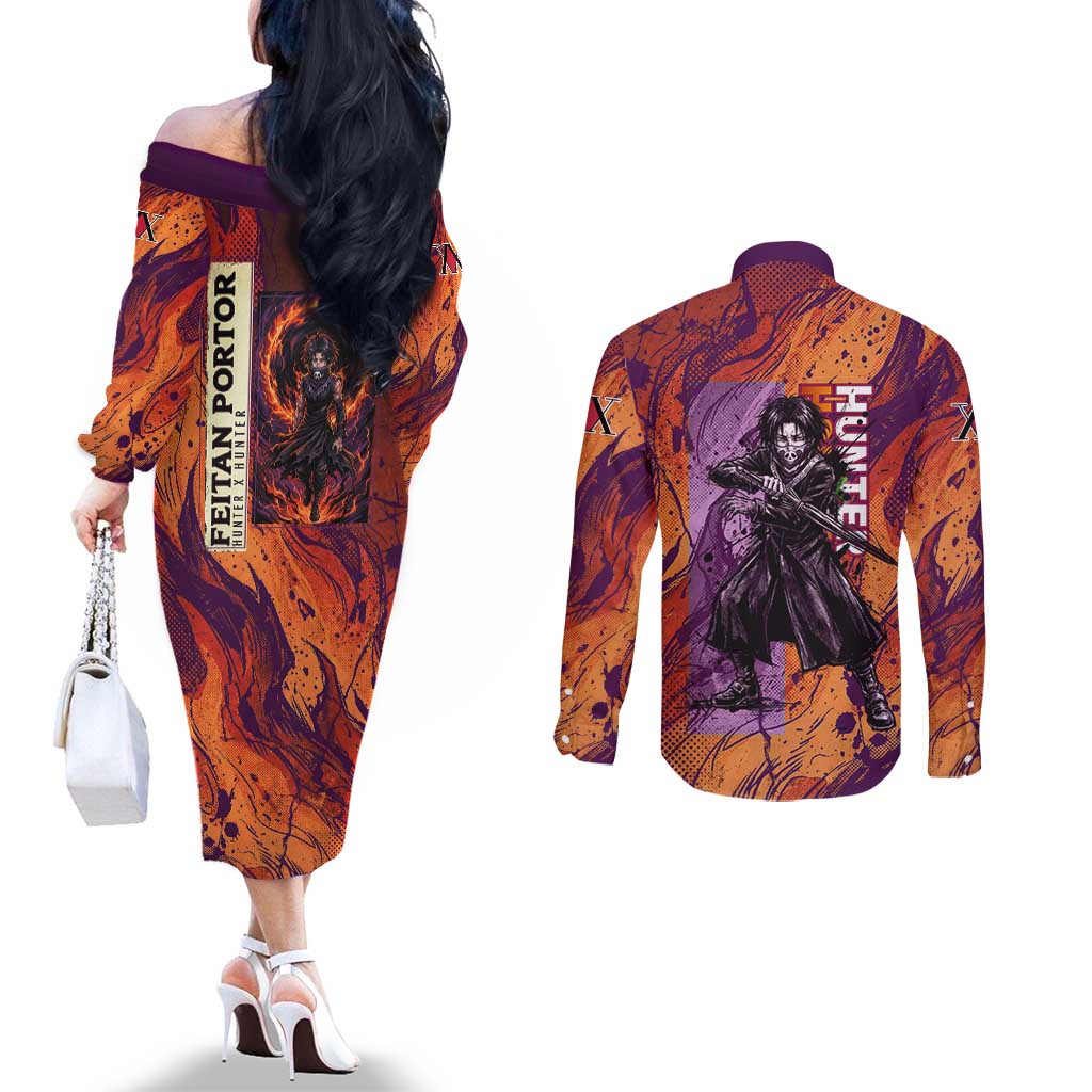 Feitan Portor Flame Aura Design Couples Matching Off The Shoulder Long Sleeve Dress and Long Sleeve Button Shirt with Sword Stance and Intense Anime Artwork - The Mazicc