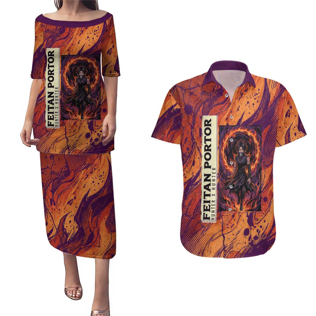 Feitan Portor Flame Aura Design Couples Matching Puletasi and Hawaiian Shirt with Sword Stance and Intense Anime Artwork - The Mazicc