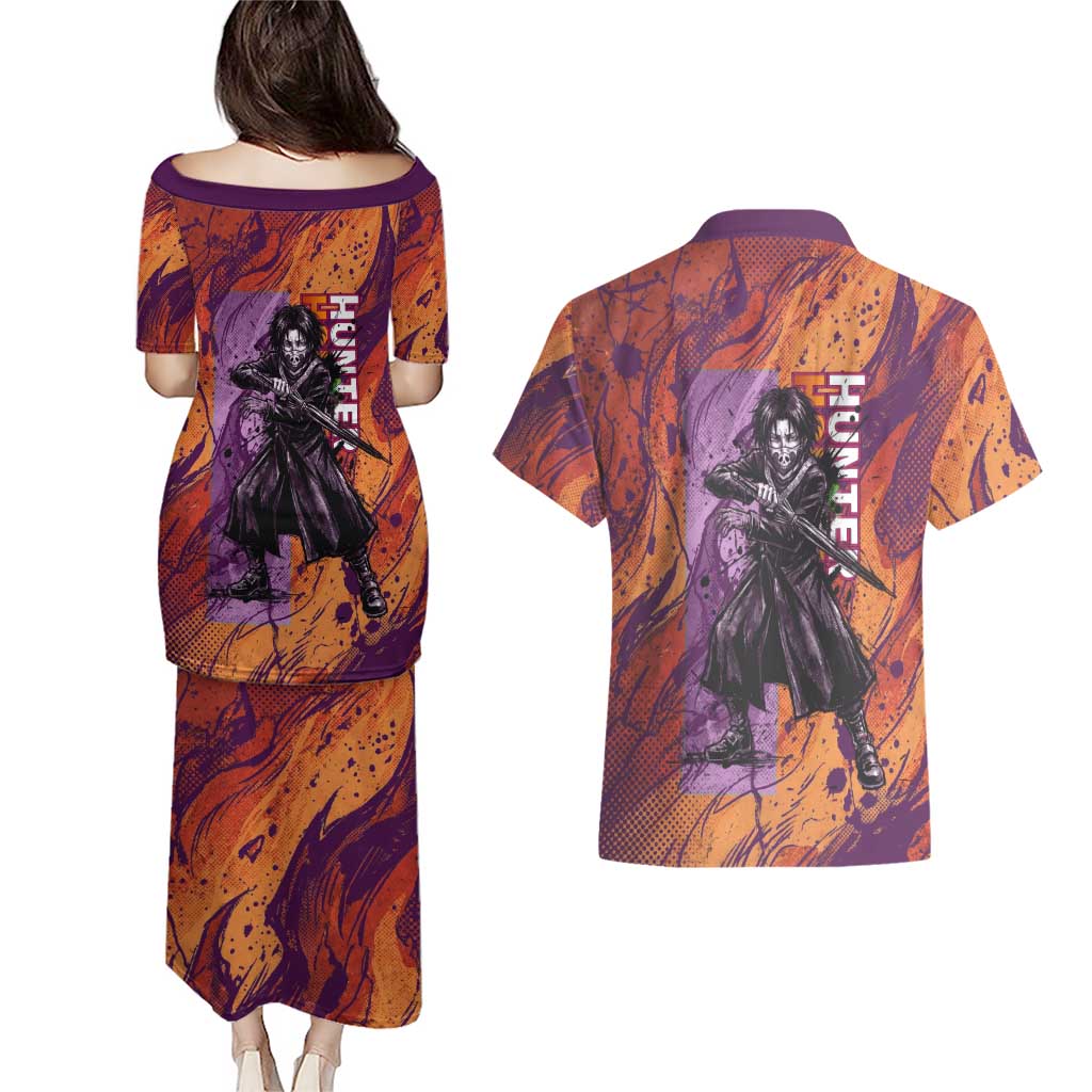 Feitan Portor Flame Aura Design Couples Matching Puletasi and Hawaiian Shirt with Sword Stance and Intense Anime Artwork - The Mazicc