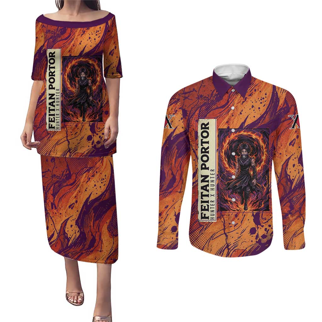 Feitan Portor Flame Aura Design Couples Matching Puletasi and Long Sleeve Button Shirt with Sword Stance and Intense Anime Artwork - The Mazicc