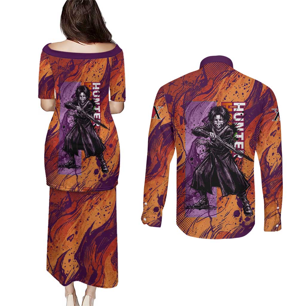 Feitan Portor Flame Aura Design Couples Matching Puletasi and Long Sleeve Button Shirt with Sword Stance and Intense Anime Artwork - The Mazicc