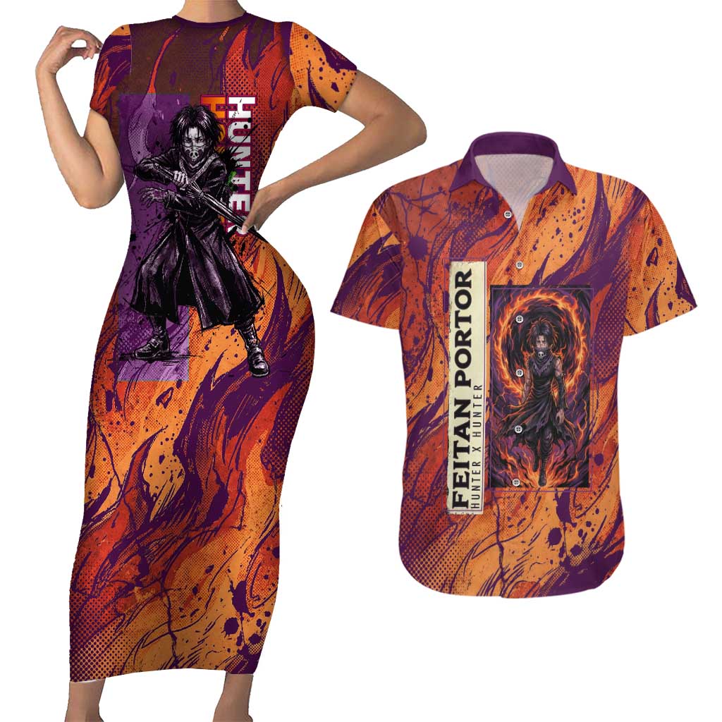 Feitan Portor Flame Aura Design Couples Matching Short Sleeve Bodycon Dress and Hawaiian Shirt with Sword Stance and Intense Anime Artwork - The Mazicc