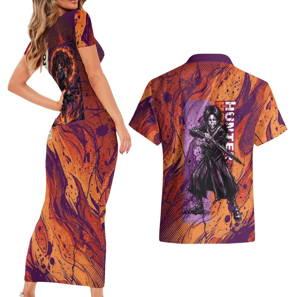 Feitan Portor Flame Aura Design Couples Matching Short Sleeve Bodycon Dress and Hawaiian Shirt with Sword Stance and Intense Anime Artwork - The Mazicc