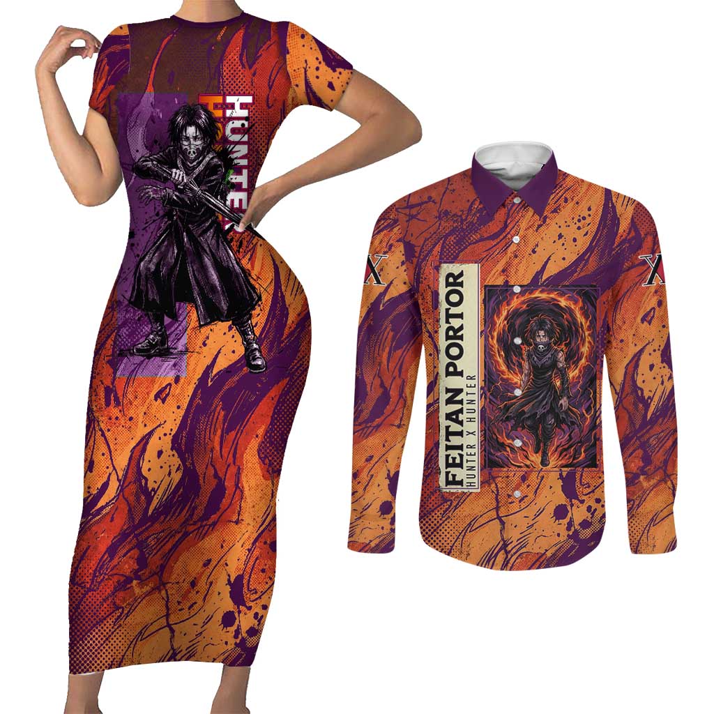 Feitan Portor Flame Aura Design Couples Matching Short Sleeve Bodycon Dress and Long Sleeve Button Shirt with Sword Stance and Intense Anime Artwork - The Mazicc