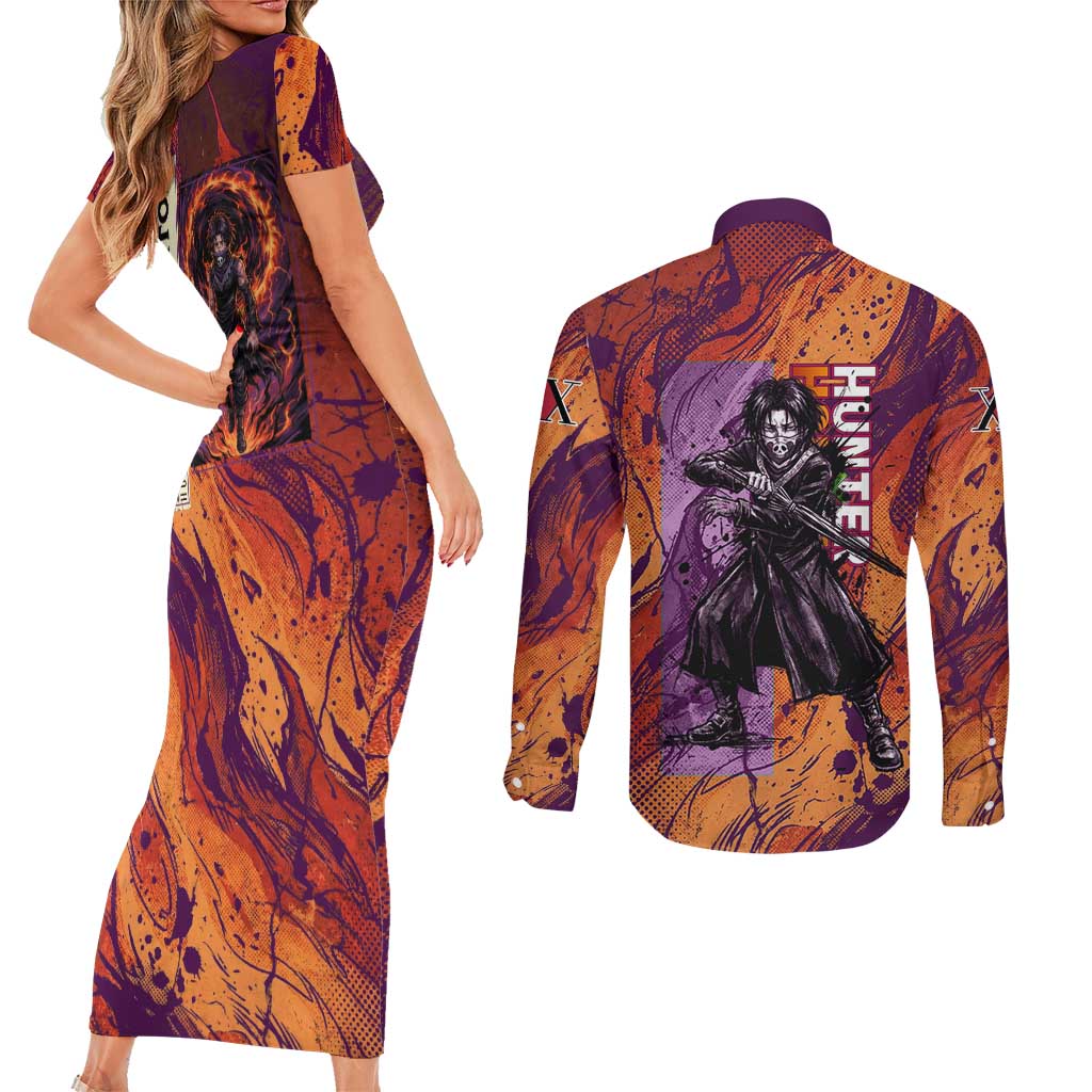 Feitan Portor Flame Aura Design Couples Matching Short Sleeve Bodycon Dress and Long Sleeve Button Shirt with Sword Stance and Intense Anime Artwork - The Mazicc