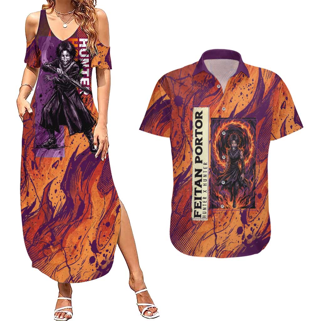 Feitan Portor Flame Aura Design Couples Matching Summer Maxi Dress and Hawaiian Shirt with Sword Stance and Intense Anime Artwork - The Mazicc
