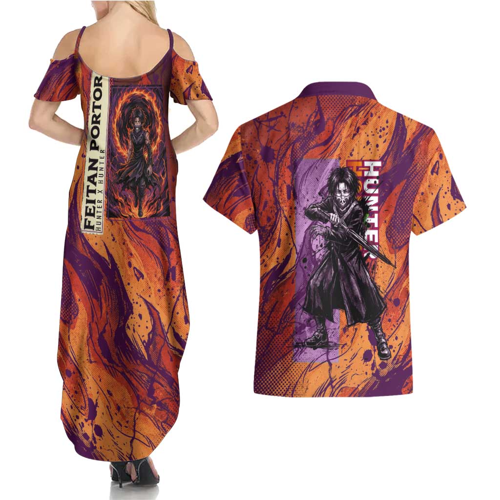 Feitan Portor Flame Aura Design Couples Matching Summer Maxi Dress and Hawaiian Shirt with Sword Stance and Intense Anime Artwork - The Mazicc