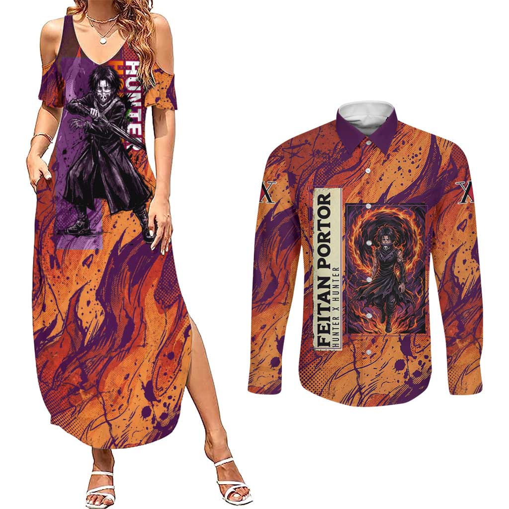 Feitan Portor Flame Aura Design Couples Matching Summer Maxi Dress and Long Sleeve Button Shirt with Sword Stance and Intense Anime Artwork - The Mazicc
