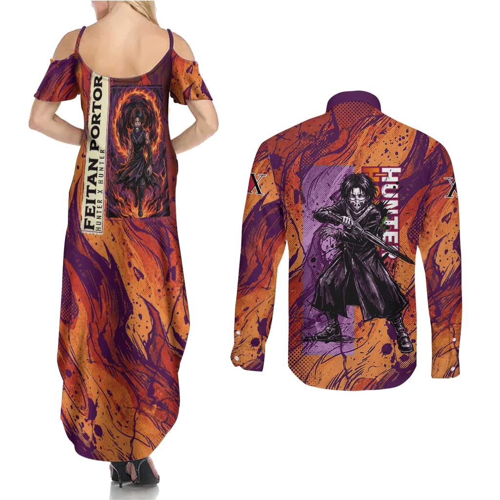 Feitan Portor Flame Aura Design Couples Matching Summer Maxi Dress and Long Sleeve Button Shirt with Sword Stance and Intense Anime Artwork - The Mazicc