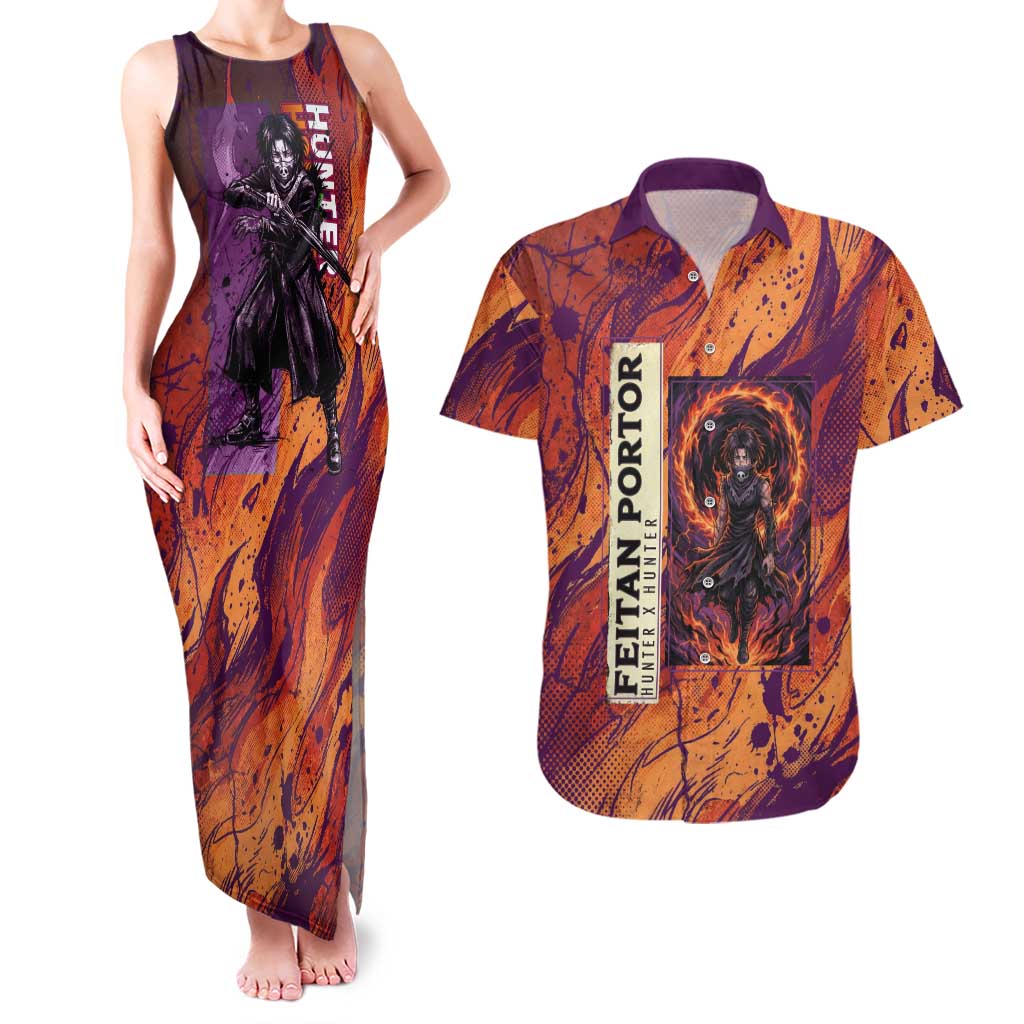 Feitan Portor Flame Aura Design Couples Matching Tank Maxi Dress and Hawaiian Shirt with Sword Stance and Intense Anime Artwork - The Mazicc