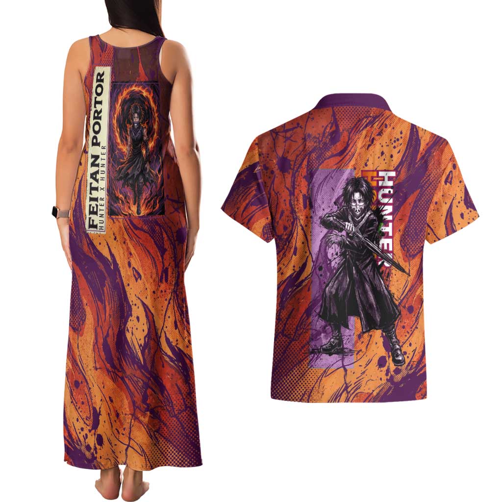 Feitan Portor Flame Aura Design Couples Matching Tank Maxi Dress and Hawaiian Shirt with Sword Stance and Intense Anime Artwork - The Mazicc