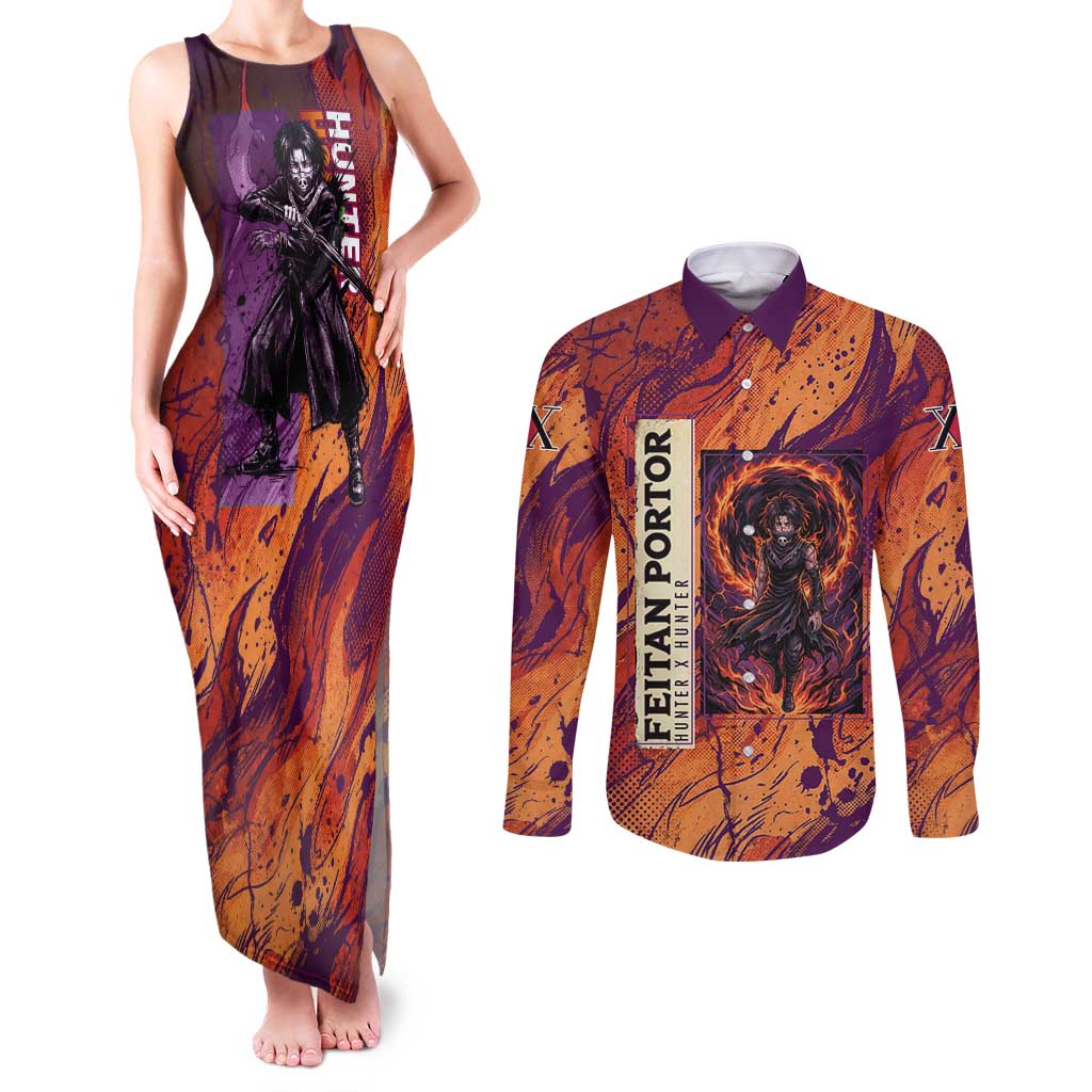 Feitan Portor Flame Aura Design Couples Matching Tank Maxi Dress and Long Sleeve Button Shirt with Sword Stance and Intense Anime Artwork - The Mazicc