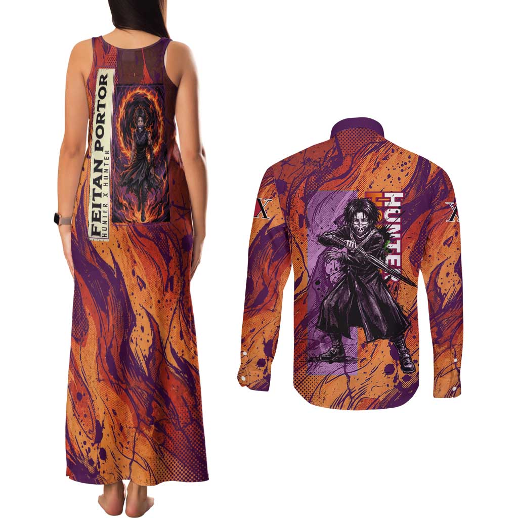 Feitan Portor Flame Aura Design Couples Matching Tank Maxi Dress and Long Sleeve Button Shirt with Sword Stance and Intense Anime Artwork - The Mazicc