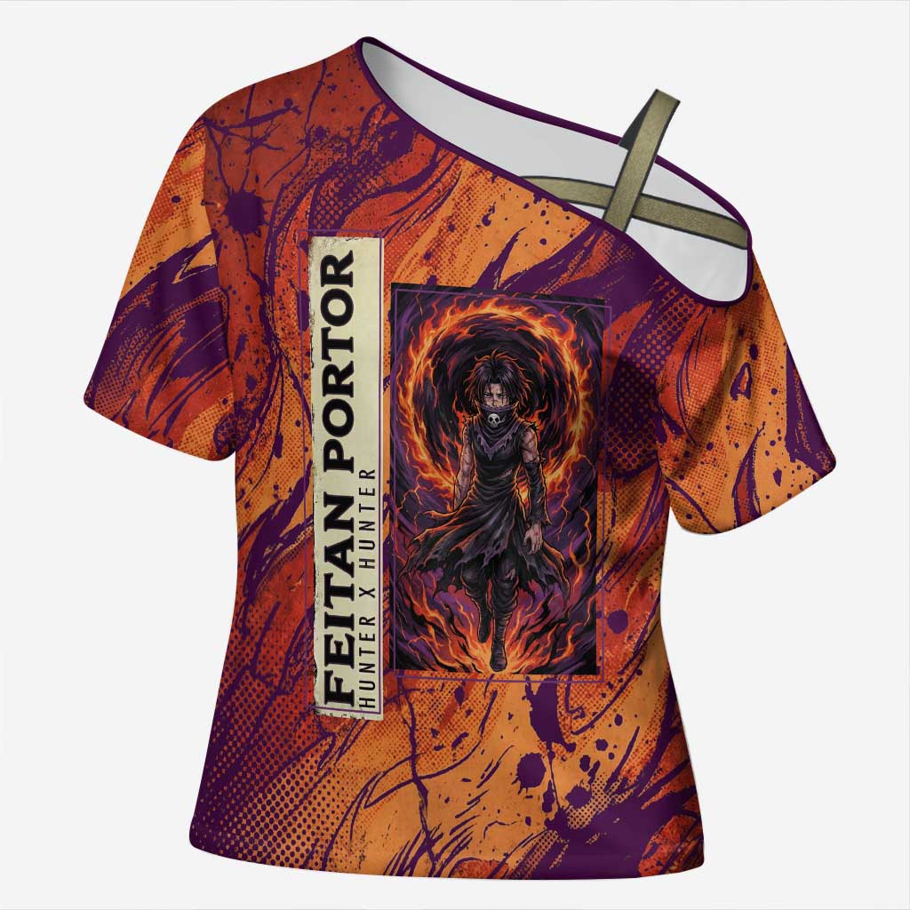 Feitan Portor Flame Aura Design Cross Shoulder Shirt with Sword Stance and Intense Anime Artwork - The Mazicc