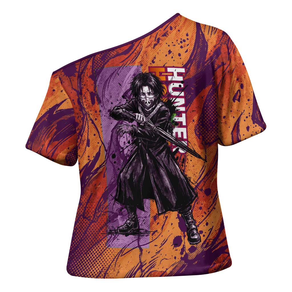 Feitan Portor Flame Aura Design Cross Shoulder Shirt with Sword Stance and Intense Anime Artwork - The Mazicc