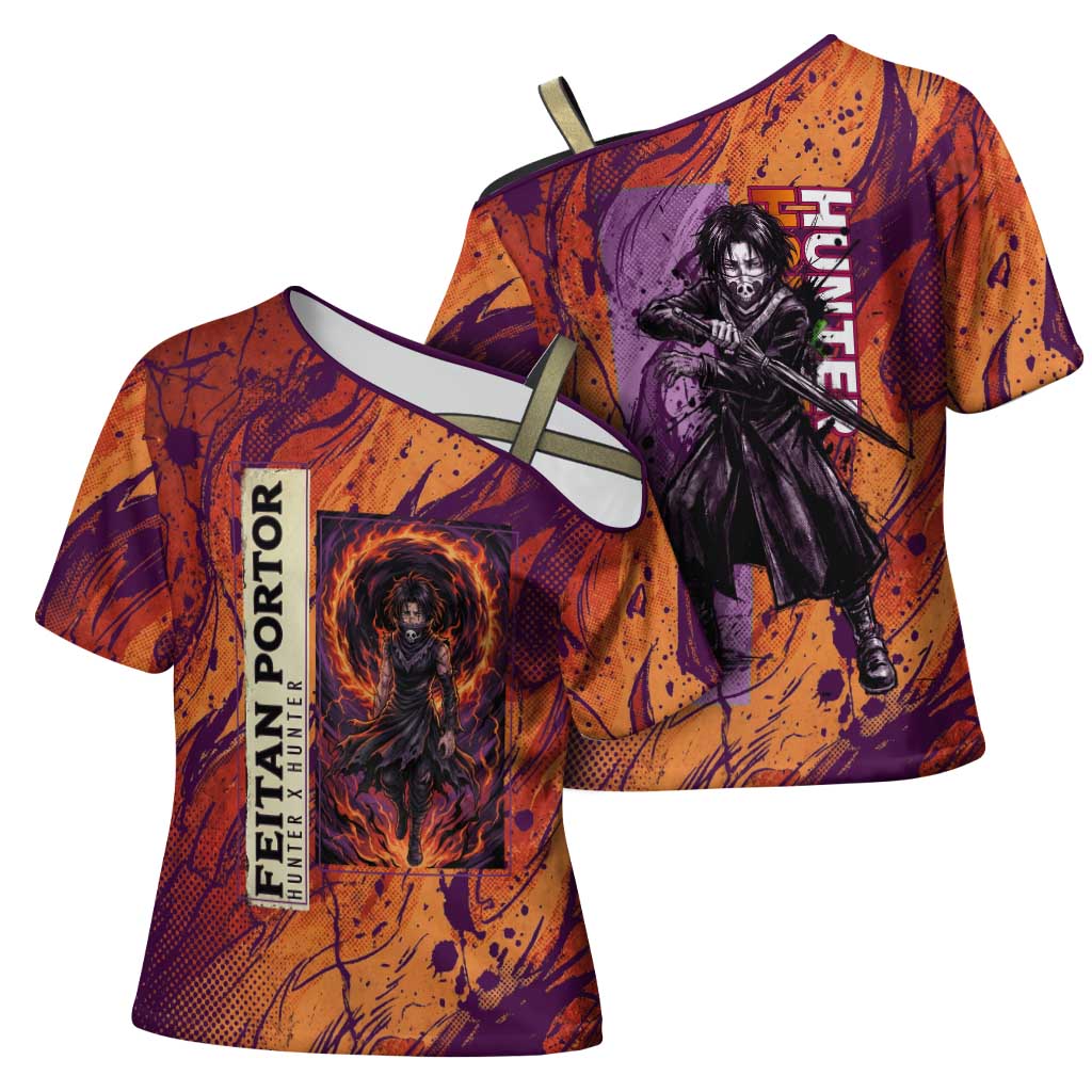 Feitan Portor Flame Aura Design Cross Shoulder Shirt with Sword Stance and Intense Anime Artwork - The Mazicc