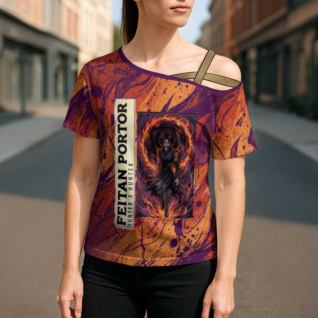 Feitan Portor Flame Aura Design Cross Shoulder Shirt with Sword Stance and Intense Anime Artwork - The Mazicc